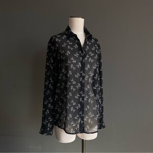 The Kooples Silk Floral Blouse Black Sheer French Minimalist Toteme Style French